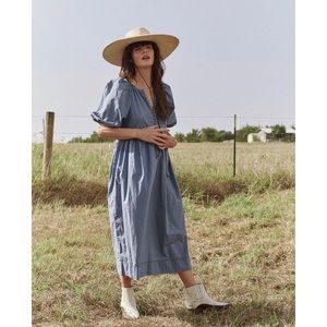 The GREAT. 0 Ravine dress blue cotton midi dress puff sleeve prairie cottage